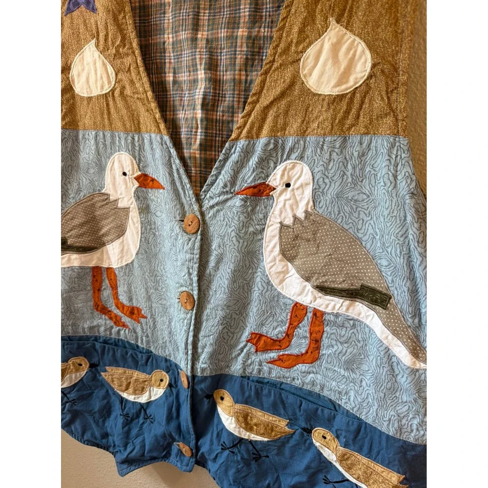 Quilted Applique Vest Women XL Blue Coastal Seagull Bird Artisan Novelty - Picture 2 of 7
